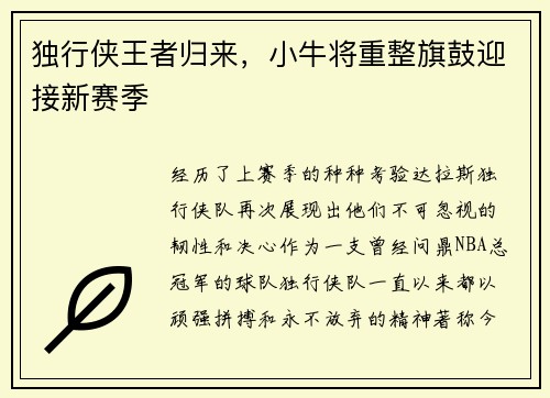 独行侠王者归来，小牛将重整旗鼓迎接新赛季